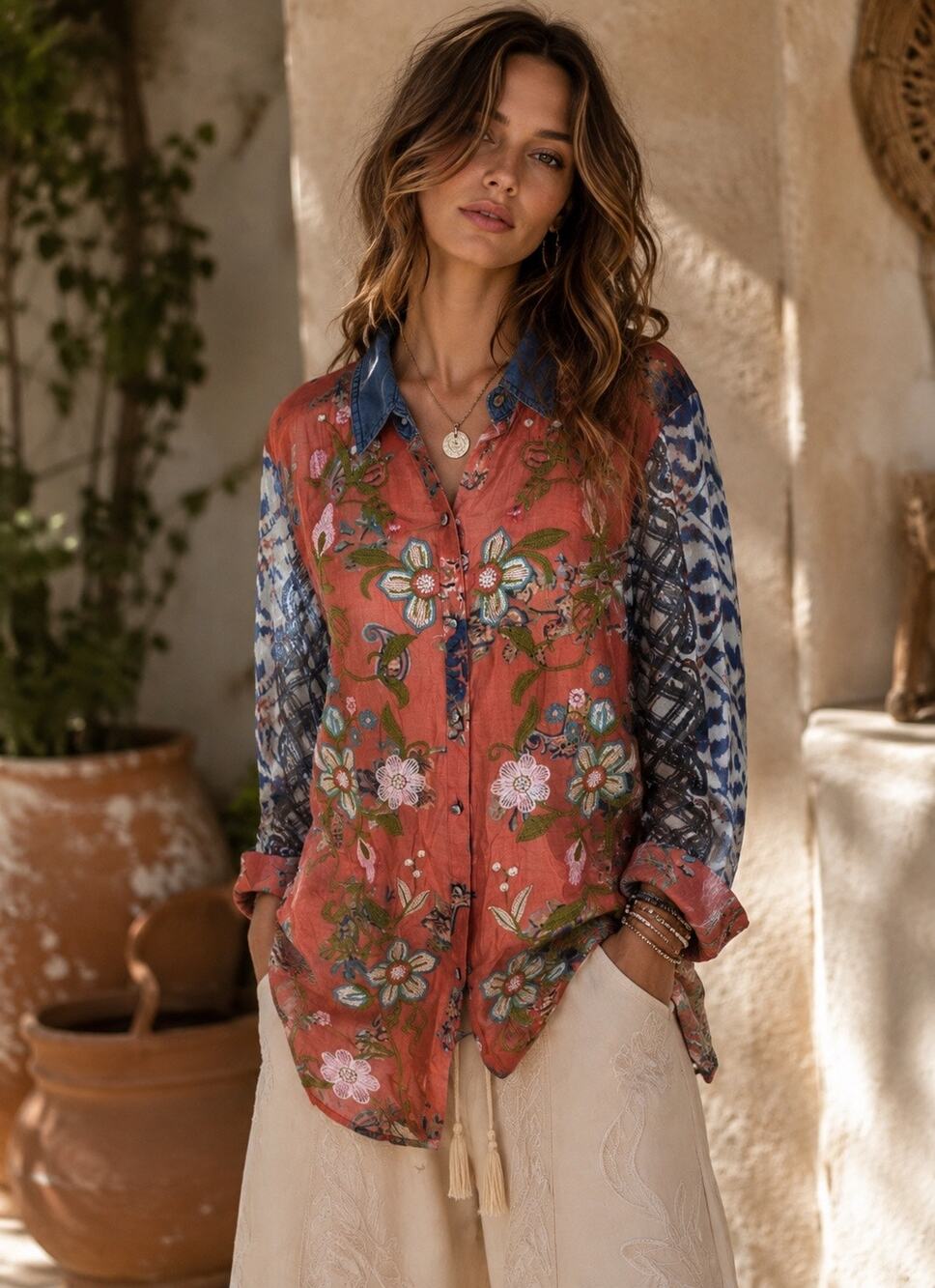 John Mark Embroidered Floral Button Up Shirt Artsy Boho Eclectic Size Medium